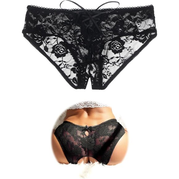 Women's Black Lace Short Crotchless Sexy Panties Crisscross Strappy Underwear - Picture 1 of 7